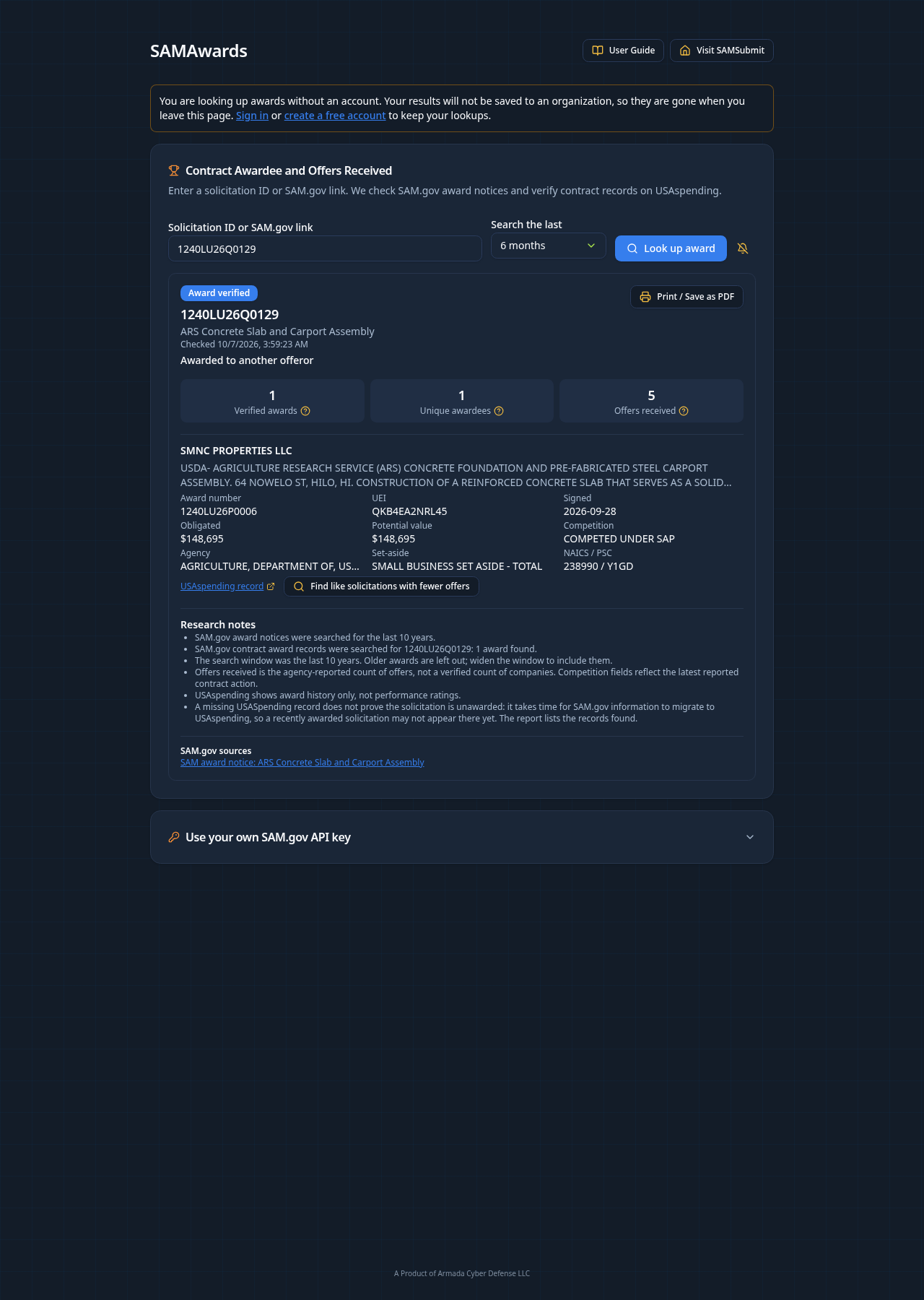 Award report showing the awardee, award value, and offers received