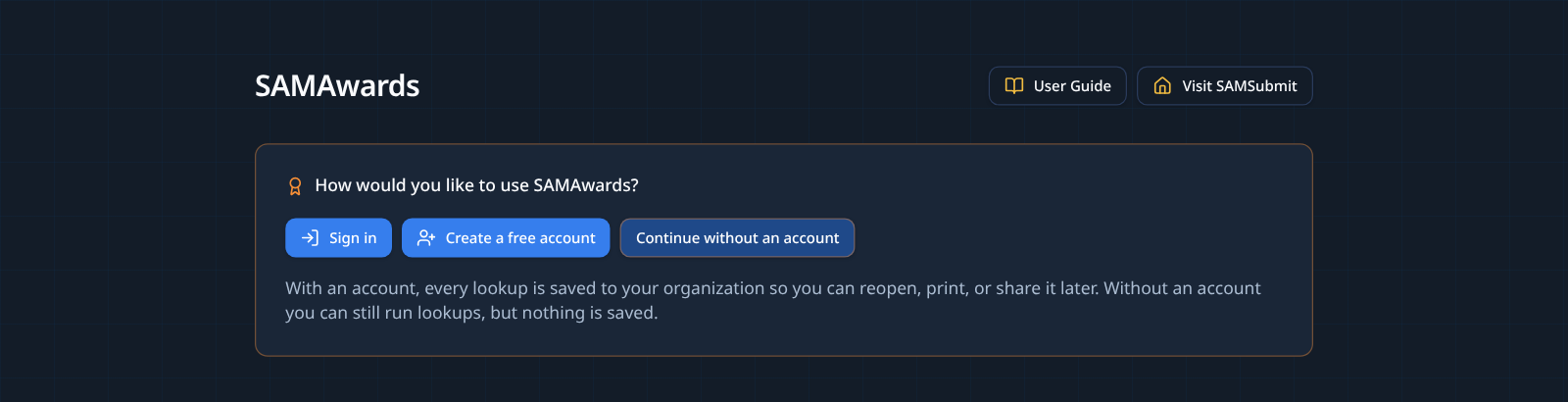 SAMAwards sign-in and create account options